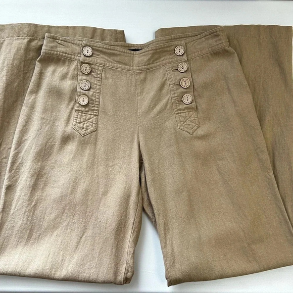 Le Chateau Linen Pants Wide Leg Palazzo Flowy Nautical Neutral Tan Size 6 - Picture 16 of 16